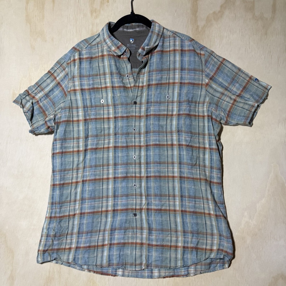Kuhl Men's Large Plaid Linen Cotton Short Sleeve Hiking Outdoor Button Shirt
